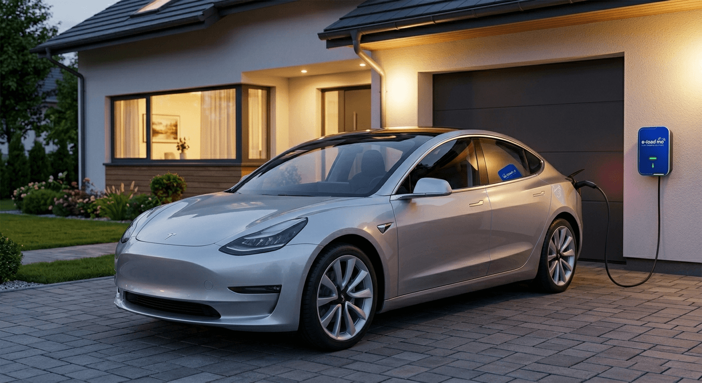 Elektroauto lädt zuhause an der Wallbox in der Einfahrt